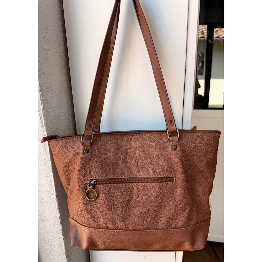 Sakroots Arcadia Brynn Medium Satchel Brown Floral Embossed Tote Shoulder Bag